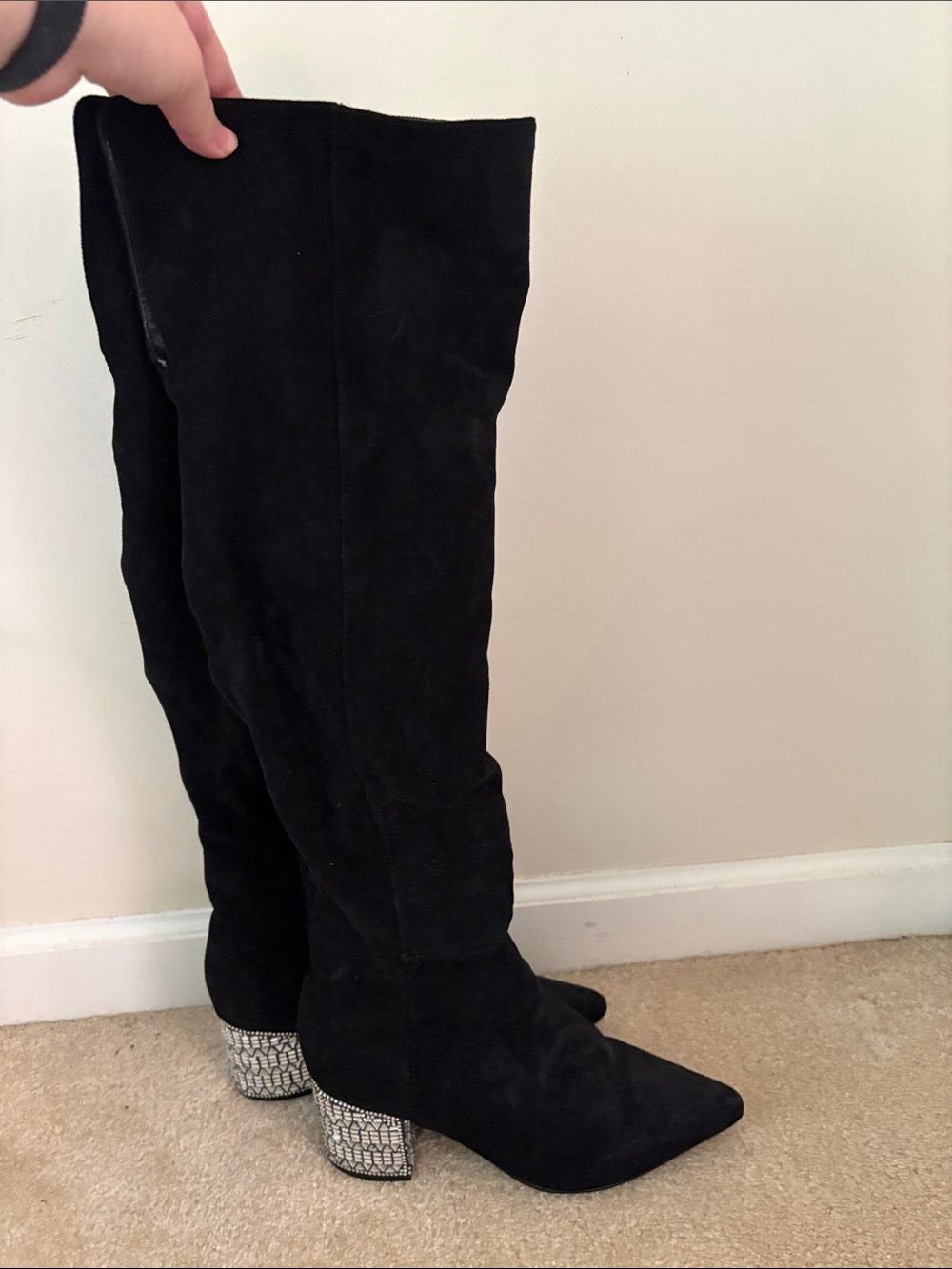 Betsey Johnson Black Over-the-Knee Suede Boots with Rhinestone Block Heel